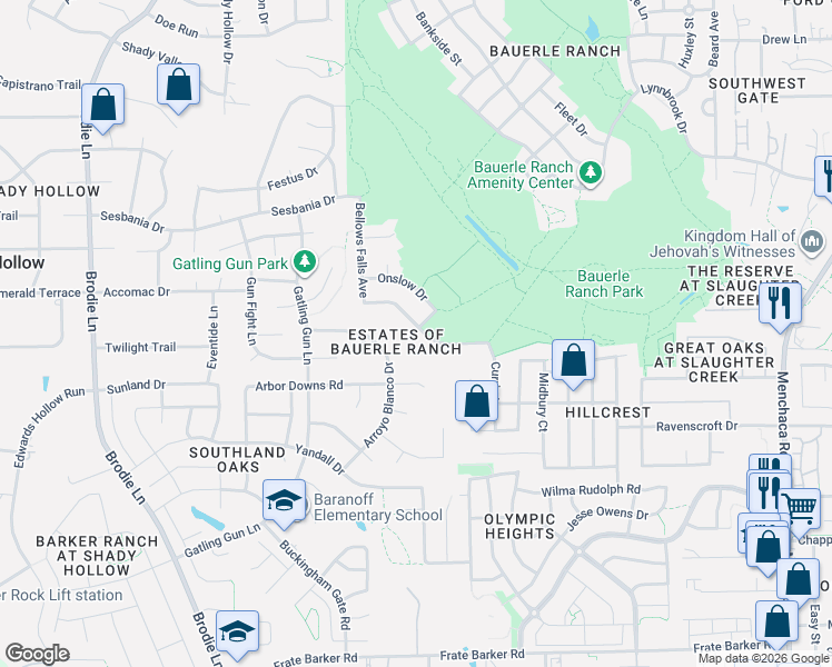 map of restaurants, bars, coffee shops, grocery stores, and more near 2725 Alsatia Drive in Austin