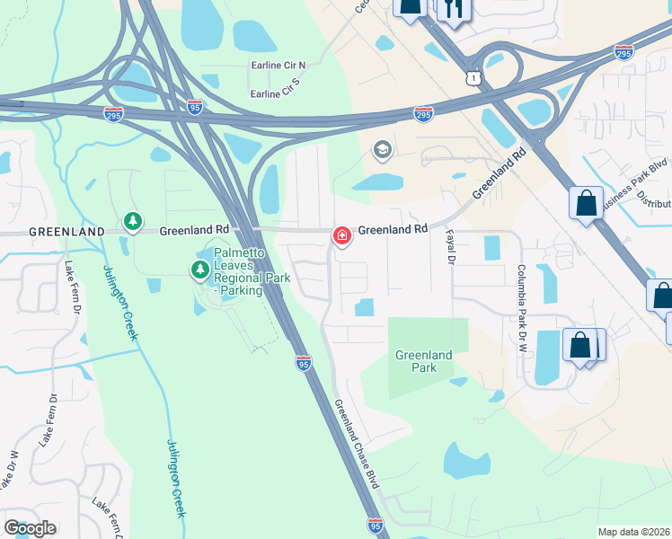 map of restaurants, bars, coffee shops, grocery stores, and more near 6100 Greenland Road in Jacksonville