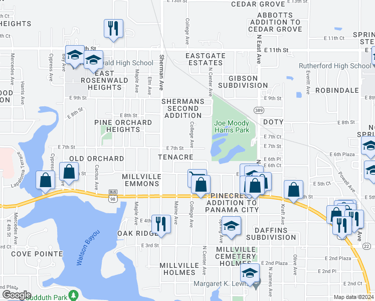 map of restaurants, bars, coffee shops, grocery stores, and more near 700 College Ave in Panama City
