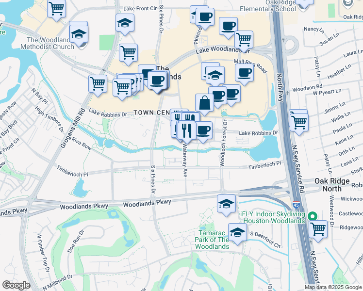 map of restaurants, bars, coffee shops, grocery stores, and more near 1605 Lake Robbins Drive in Spring