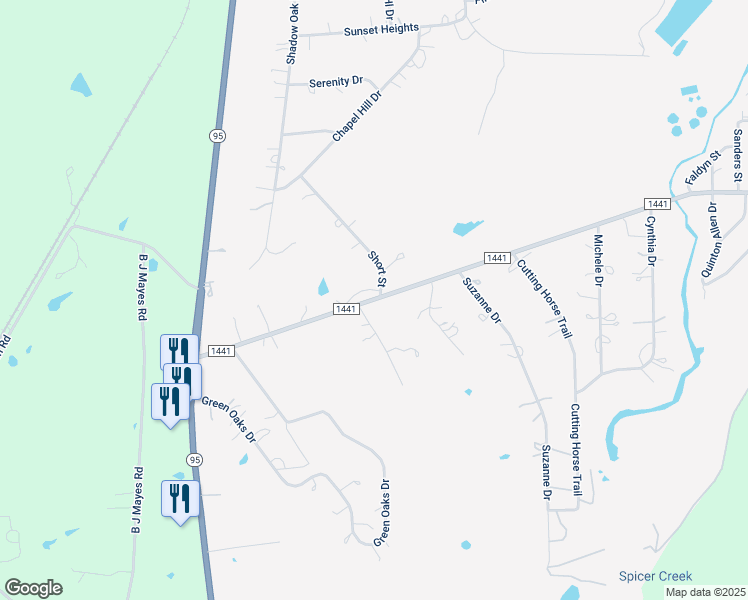 map of restaurants, bars, coffee shops, grocery stores, and more near 195 Farm to Market Road 1441 in Bastrop