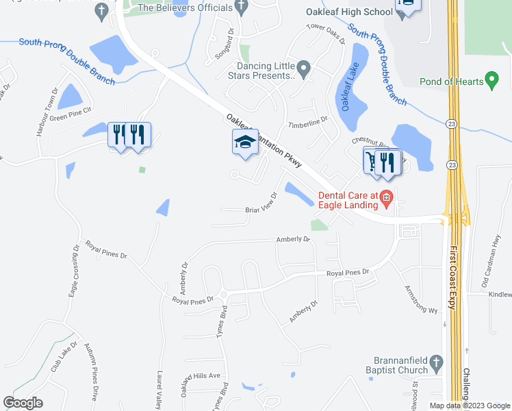 map of restaurants, bars, coffee shops, grocery stores, and more near 684 Briar View Drive in Orange Park