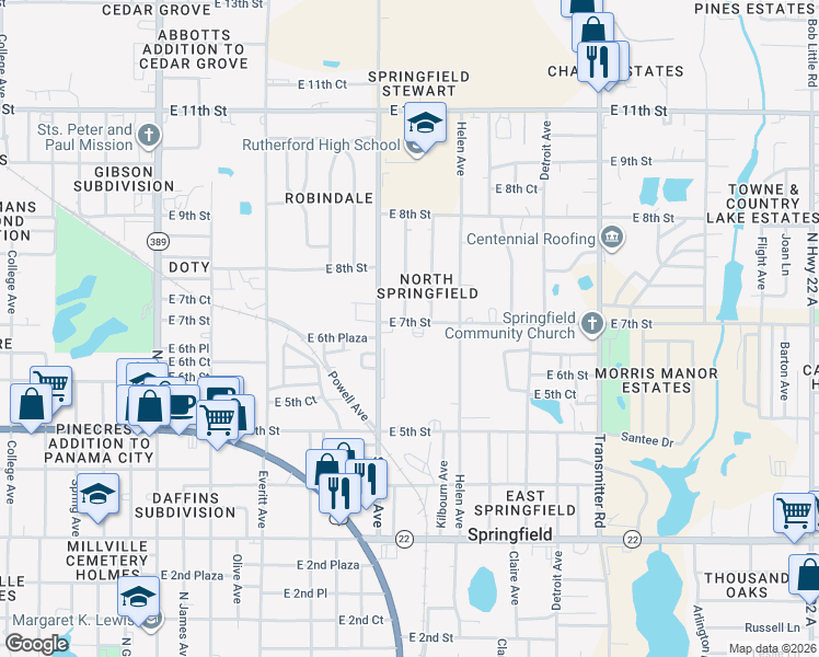 map of restaurants, bars, coffee shops, grocery stores, and more near 608 School Avenue in Panama City
