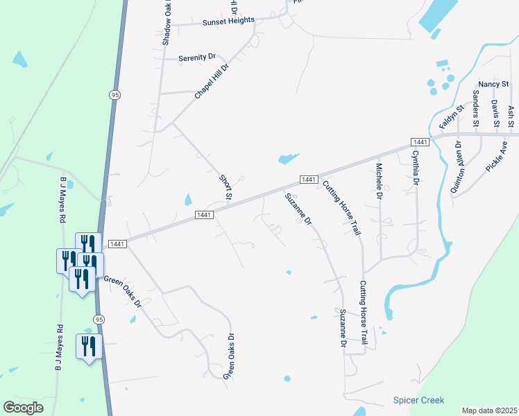 map of restaurants, bars, coffee shops, grocery stores, and more near 102 Suzanne Drive in Bastrop