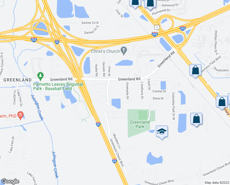 map of restaurants, bars, coffee shops, grocery stores, and more near 6100 Greenland Road in Jacksonville