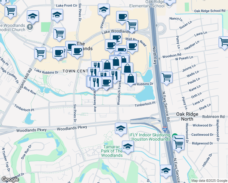 map of restaurants, bars, coffee shops, grocery stores, and more near 4 Waterway Square Place in The Woodlands