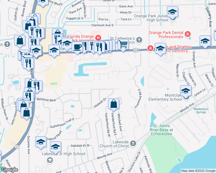 map of restaurants, bars, coffee shops, grocery stores, and more near 67 Preakness Plaza in Orange Park
