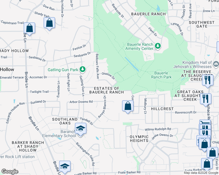 map of restaurants, bars, coffee shops, grocery stores, and more near 2805 Alsatia Drive in Austin