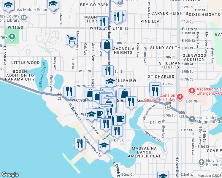 map of restaurants, bars, coffee shops, grocery stores, and more near 606 Harrison Avenue in Panama City