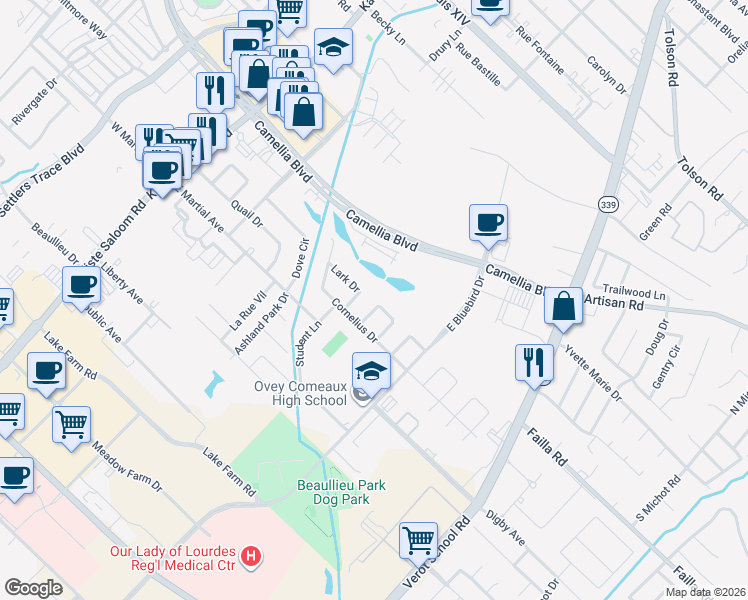 map of restaurants, bars, coffee shops, grocery stores, and more near 109 Pigeon Loop in Lafayette
