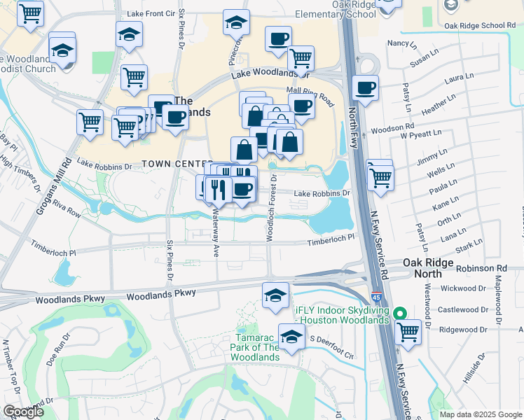 map of restaurants, bars, coffee shops, grocery stores, and more near 4 Waterway Square Place in The Woodlands