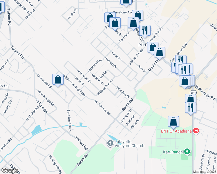 map of restaurants, bars, coffee shops, grocery stores, and more near 200 Darlene Drive in Lafayette