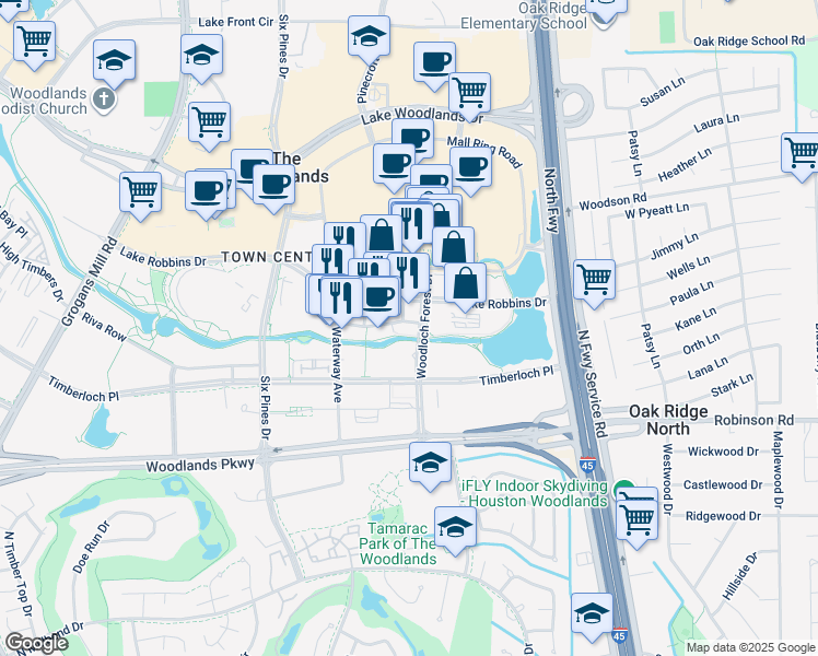 map of restaurants, bars, coffee shops, grocery stores, and more near 1495 Lake Robbins Drive in The Woodlands