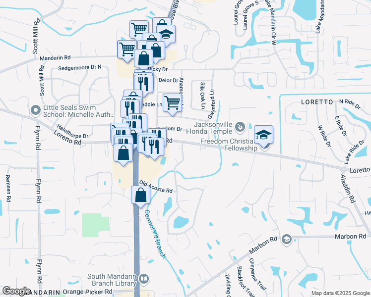 map of restaurants, bars, coffee shops, grocery stores, and more near 11701 Heather Grove Lane in Jacksonville