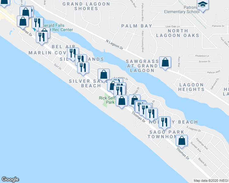 map of restaurants, bars, coffee shops, grocery stores, and more near 7420 Thomas Drive in Panama City Beach