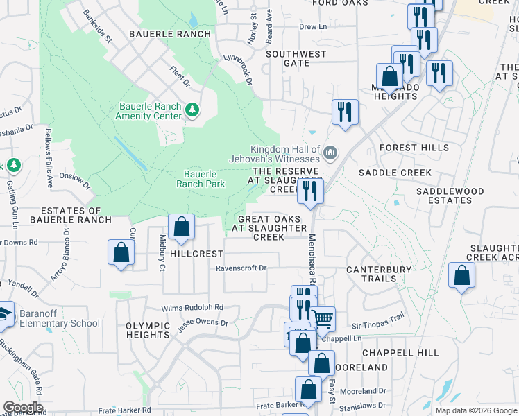 map of restaurants, bars, coffee shops, grocery stores, and more near 2108 Coats Circle in Austin