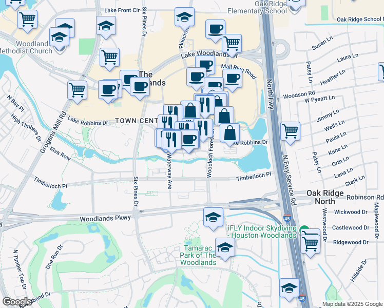 map of restaurants, bars, coffee shops, grocery stores, and more near 1495 Lake Robbins Drive in The Woodlands