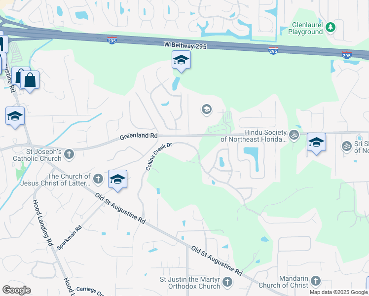 map of restaurants, bars, coffee shops, grocery stores, and more near 11871 Collins Creek Drive in Jacksonville