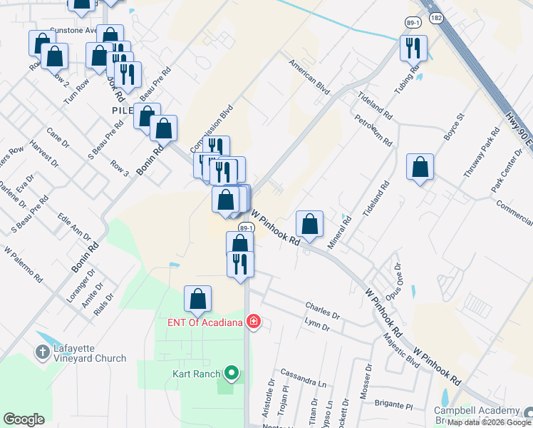 map of restaurants, bars, coffee shops, grocery stores, and more near 3627-3685 West Pinhook Road in Lafayette