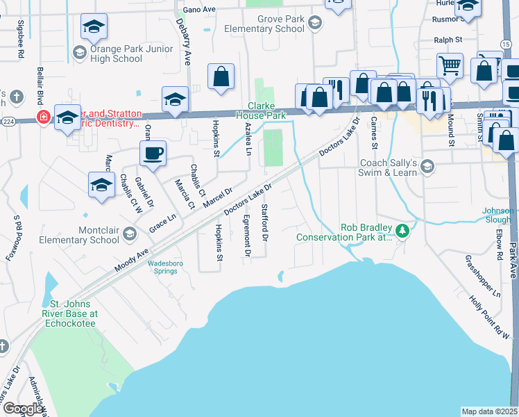 map of restaurants, bars, coffee shops, grocery stores, and more near 2301 Egremont Drive in Orange Park