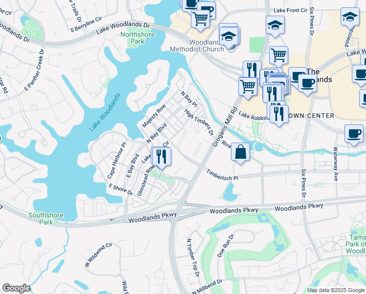 map of restaurants, bars, coffee shops, grocery stores, and more near 2408 Timberloch Place in Spring