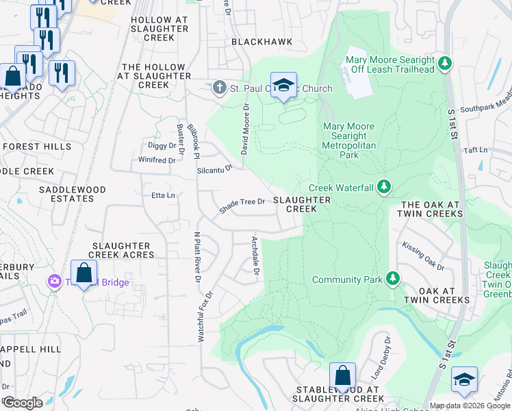 map of restaurants, bars, coffee shops, grocery stores, and more near 717 Shade Tree Drive in Austin