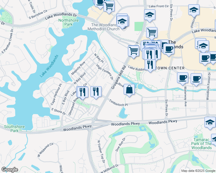 map of restaurants, bars, coffee shops, grocery stores, and more near 10055 Grogans Mill Road in The Woodlands