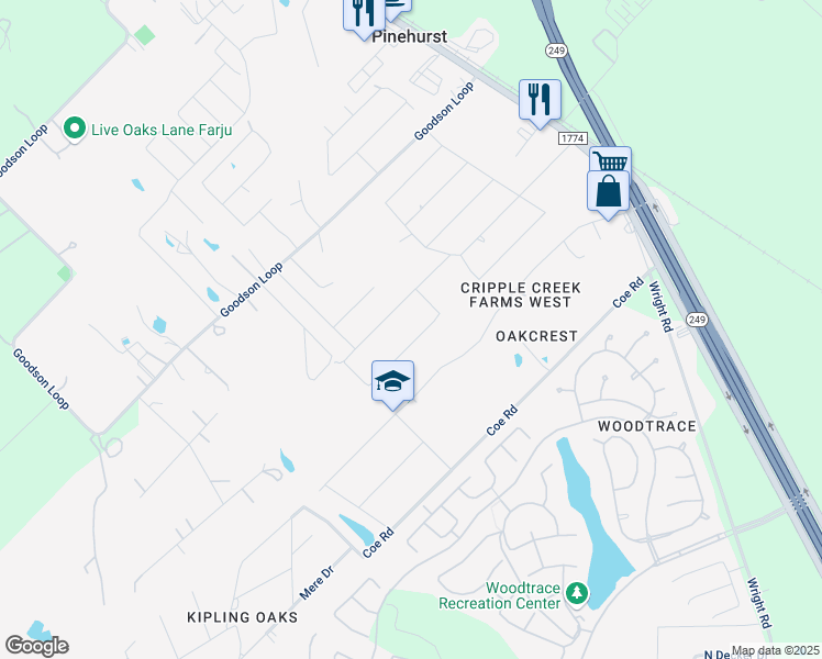 map of restaurants, bars, coffee shops, grocery stores, and more near 623 Oak Valley Lane in Pinehurst