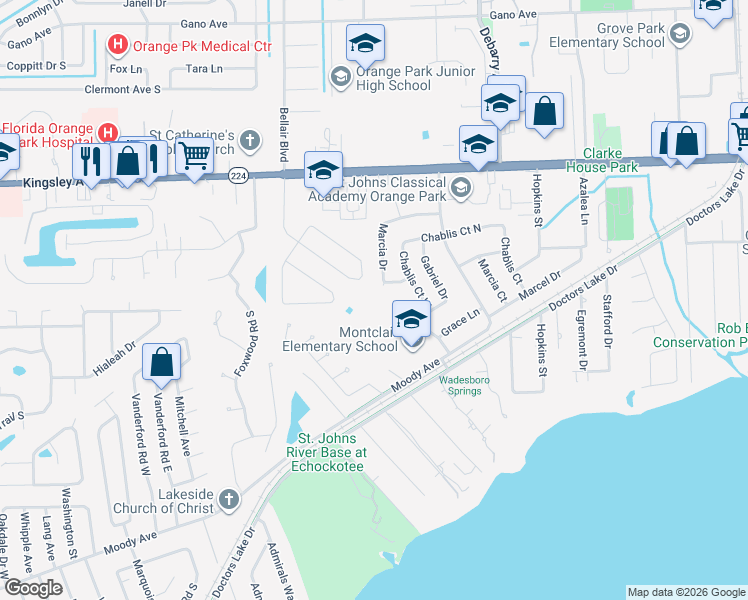 map of restaurants, bars, coffee shops, grocery stores, and more near 2398 Moody Avenue in Orange Park