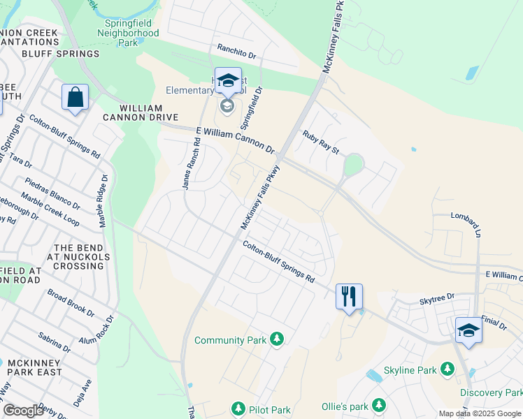 map of restaurants, bars, coffee shops, grocery stores, and more near Silver Star Lane in Austin