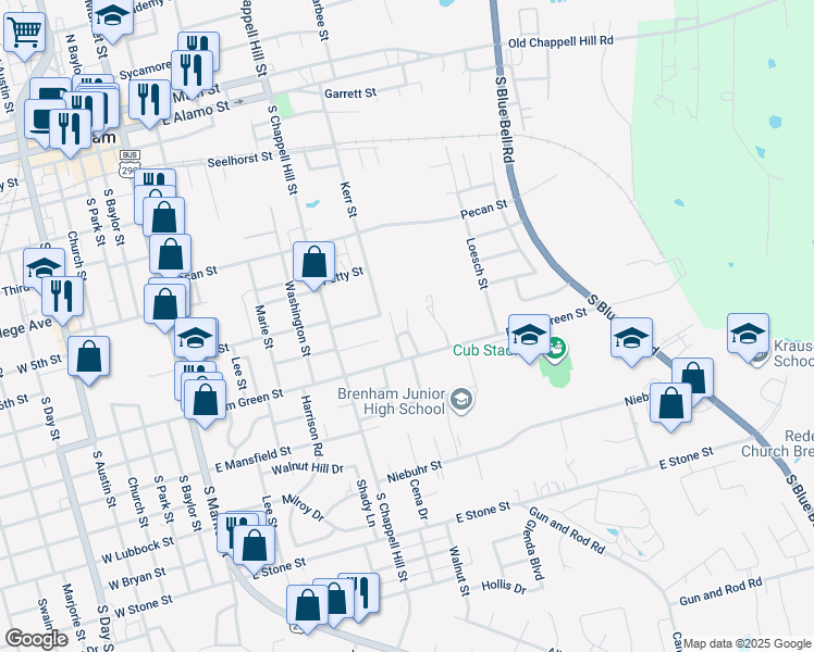 map of restaurants, bars, coffee shops, grocery stores, and more near 1208 Ledbetter Lane in Brenham