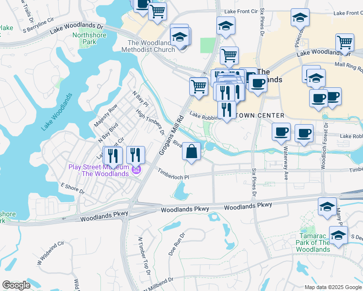 map of restaurants, bars, coffee shops, grocery stores, and more near 2203 Riva Row in Spring