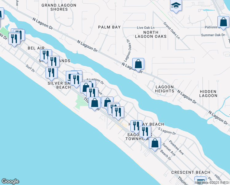 map of restaurants, bars, coffee shops, grocery stores, and more near 7205 South Lagoon Drive in Panama City Beach