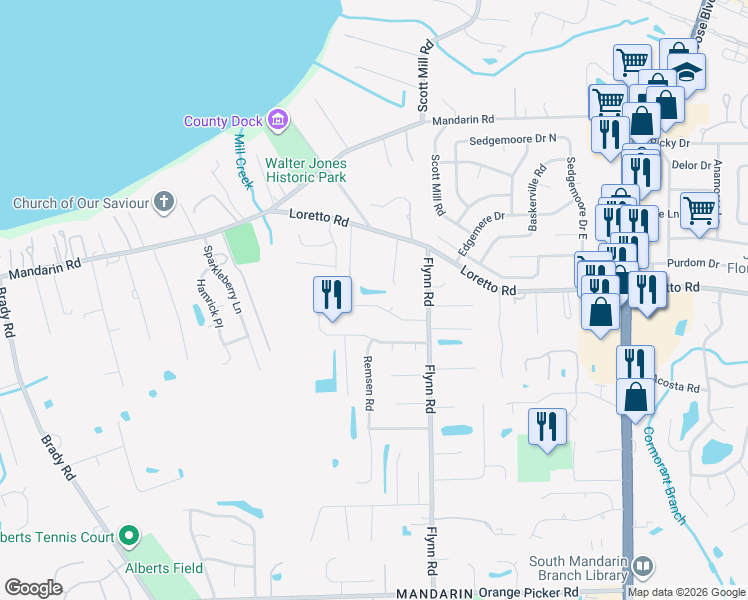 map of restaurants, bars, coffee shops, grocery stores, and more near 2559 Benjamin Rd in Jacksonville