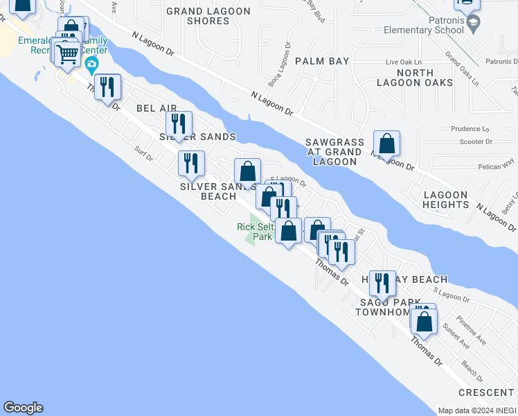 map of restaurants, bars, coffee shops, grocery stores, and more near 7420 Thomas Drive in Panama City Beach