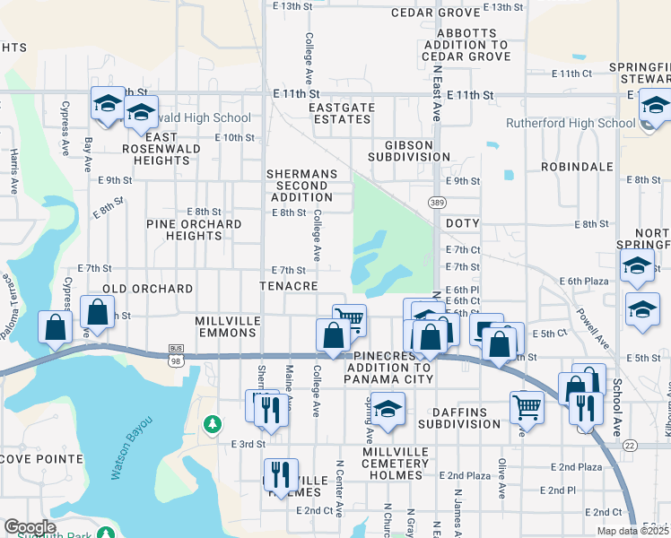 map of restaurants, bars, coffee shops, grocery stores, and more near 2215 East 7th Street in Panama City