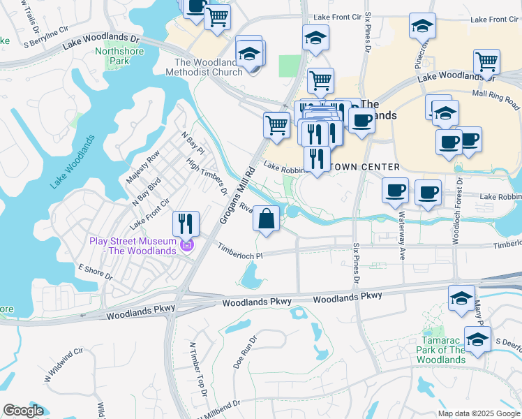 map of restaurants, bars, coffee shops, grocery stores, and more near 2203 Riva Row in The Woodlands
