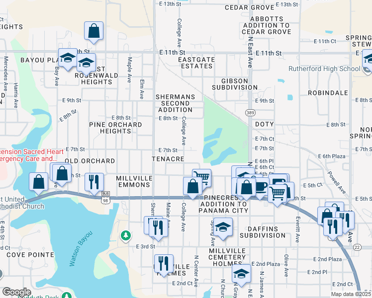 map of restaurants, bars, coffee shops, grocery stores, and more near 700 College Avenue in Panama City
