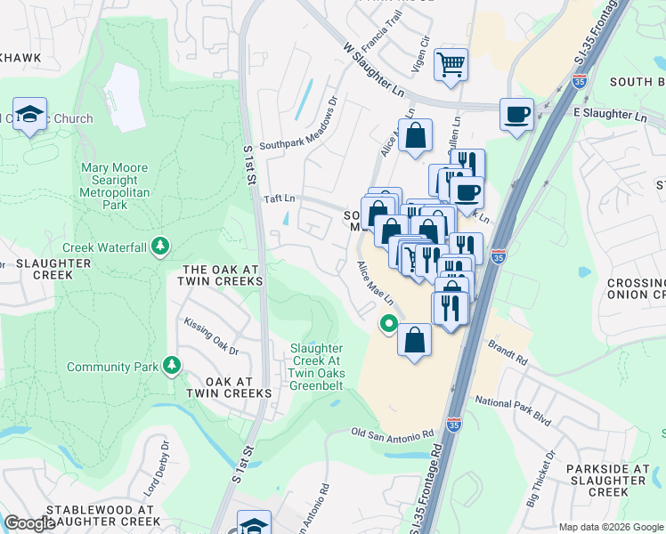 map of restaurants, bars, coffee shops, grocery stores, and more near 10001 South 1st Street in Austin