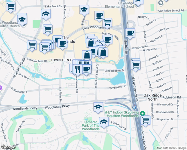map of restaurants, bars, coffee shops, grocery stores, and more near 3 Waterway Square Place in The Woodlands