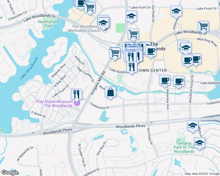 map of restaurants, bars, coffee shops, grocery stores, and more near 2201 Riva Row in The Woodlands