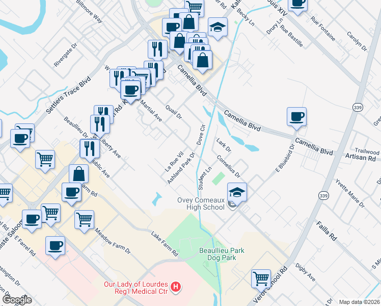 map of restaurants, bars, coffee shops, grocery stores, and more near 111 La Rue Vil in Lafayette