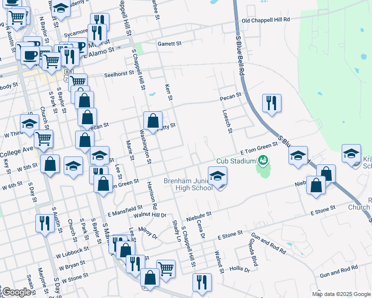 map of restaurants, bars, coffee shops, grocery stores, and more near 1208 Ledbetter Lane in Brenham