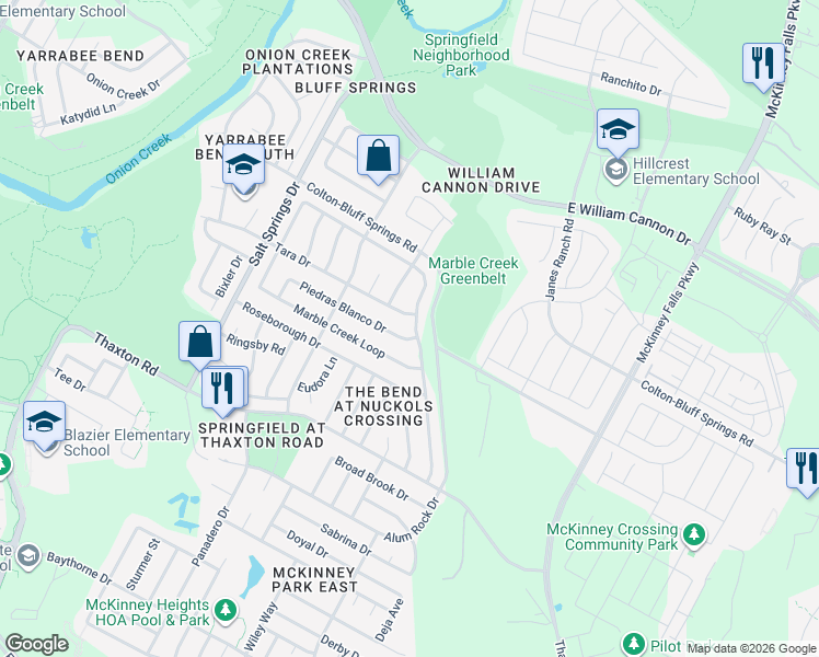 map of restaurants, bars, coffee shops, grocery stores, and more near 7658 Marble Ridge Drive in Austin