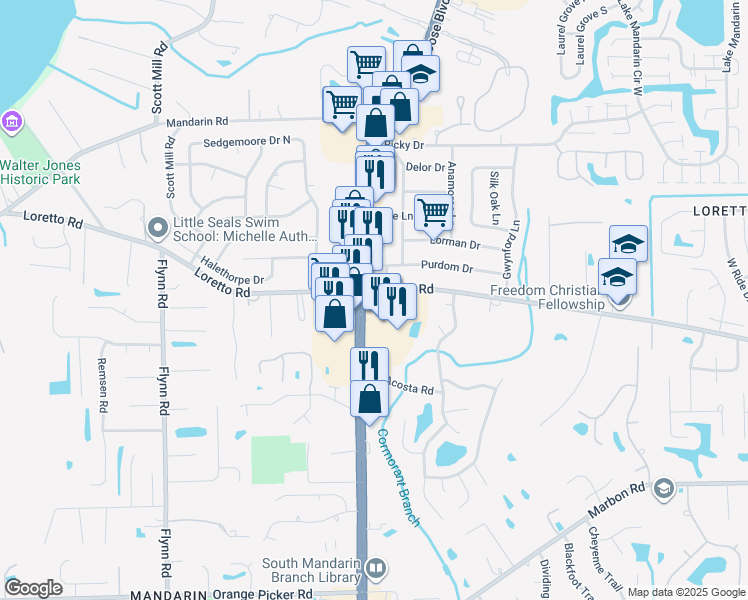 map of restaurants, bars, coffee shops, grocery stores, and more near 11701 San Jose Boulevard in Jacksonville
