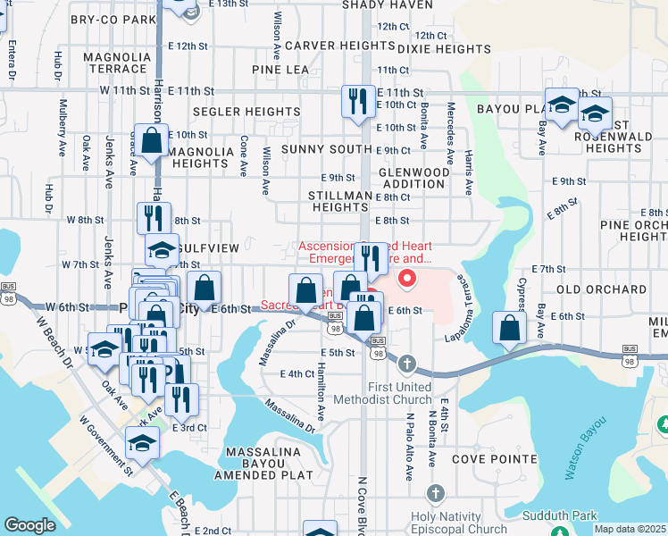 map of restaurants, bars, coffee shops, grocery stores, and more near 633 East 7th Street in Panama City