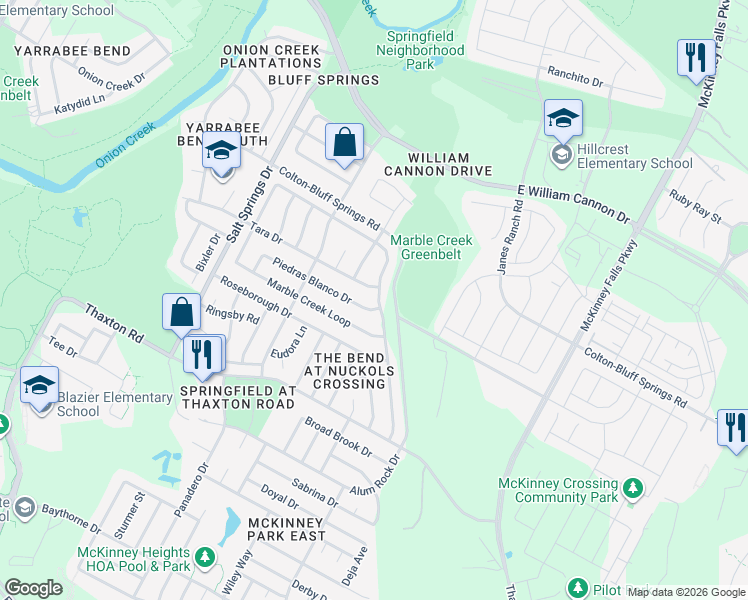 map of restaurants, bars, coffee shops, grocery stores, and more near 7658 Marble Ridge Drive in Austin