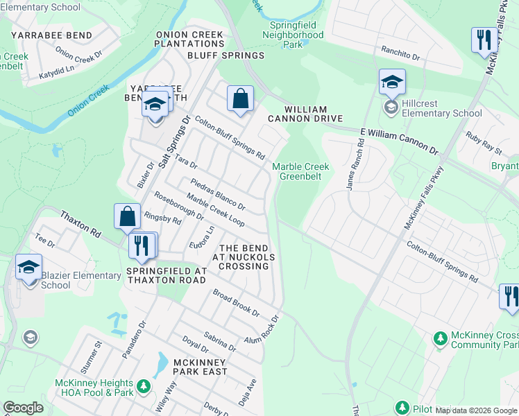 map of restaurants, bars, coffee shops, grocery stores, and more near 7658 Marble Ridge Drive in Austin