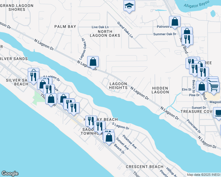 map of restaurants, bars, coffee shops, grocery stores, and more near 3712 Lee Street in Panama City Beach