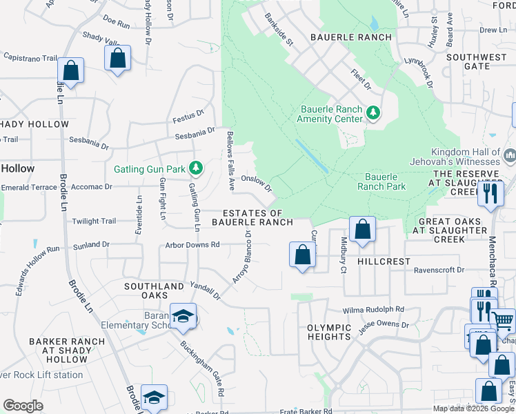 map of restaurants, bars, coffee shops, grocery stores, and more near 2805 Alsatia Drive in Austin